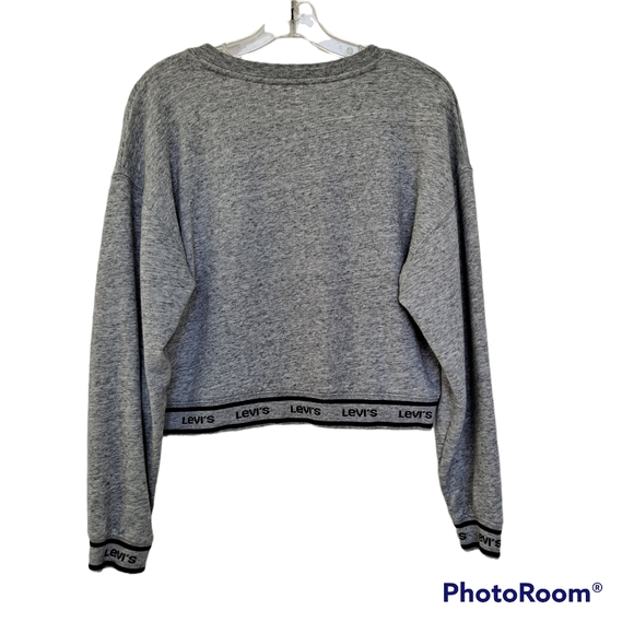 Levi's Gray Heathered Logo Trimmed Cropped Crop Crew Neck Sweatshirt szM - Picture 2 of 7